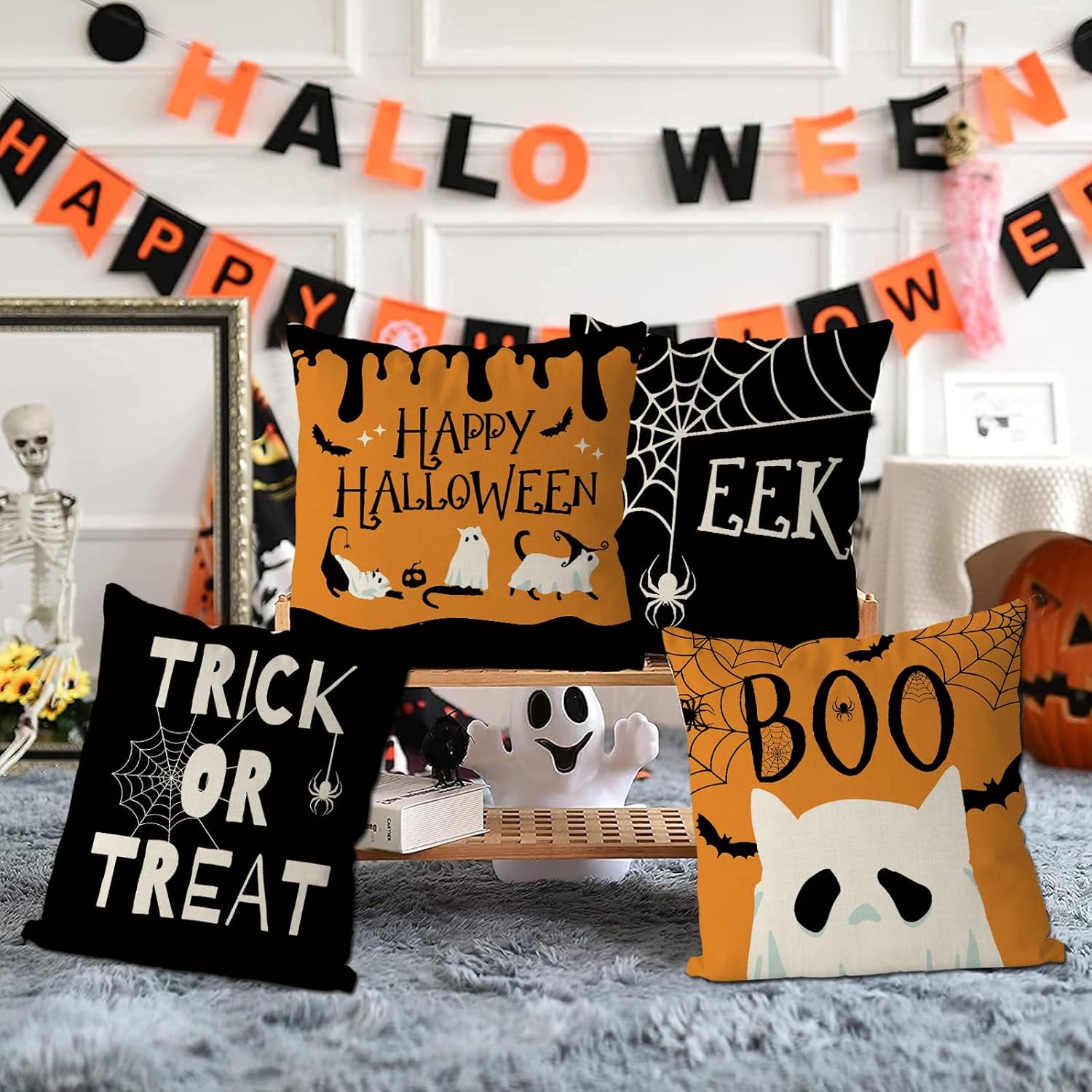 Juego de 4 fundas de almohada de Halloween de 20 x 20 pulgadas, fundas de almohada de Halloween, fantasma, gato, vacaciones, casa de campo, para