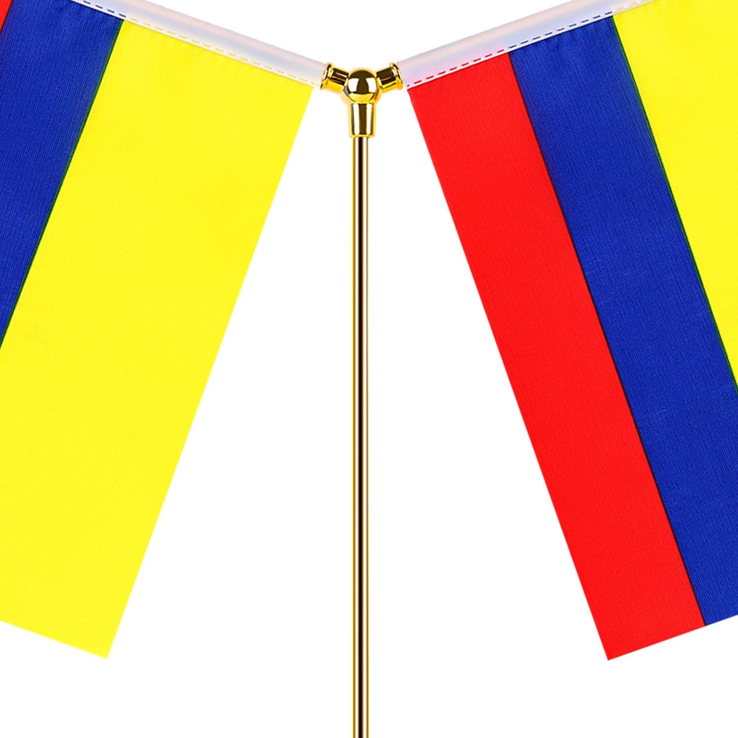 Bandera colombiana de escritorio con bandera de Columbia, pequeñas banderas de mesa de oficina de Columbia con base de soporte, palo de metal