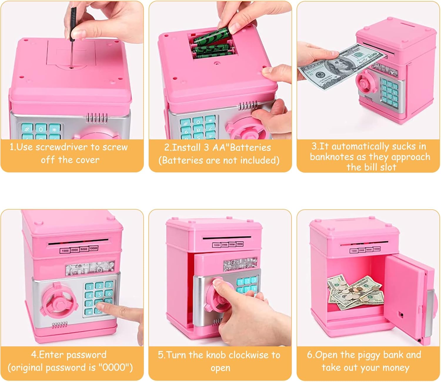 Alcancía Boalord para niños y niñas, contraseña electrónica de cajero automático, alcancía, moneda, puede desplazarse automáticamente, caja de