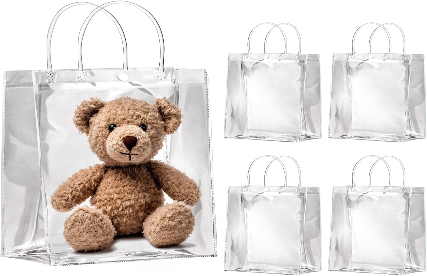 OfficeCastle Paquete de 5 bolsas de regalo medianas transparentes, 8 x 3.1 x 8 pulgadas, bolsas transparentes con asas, bolsas de compras