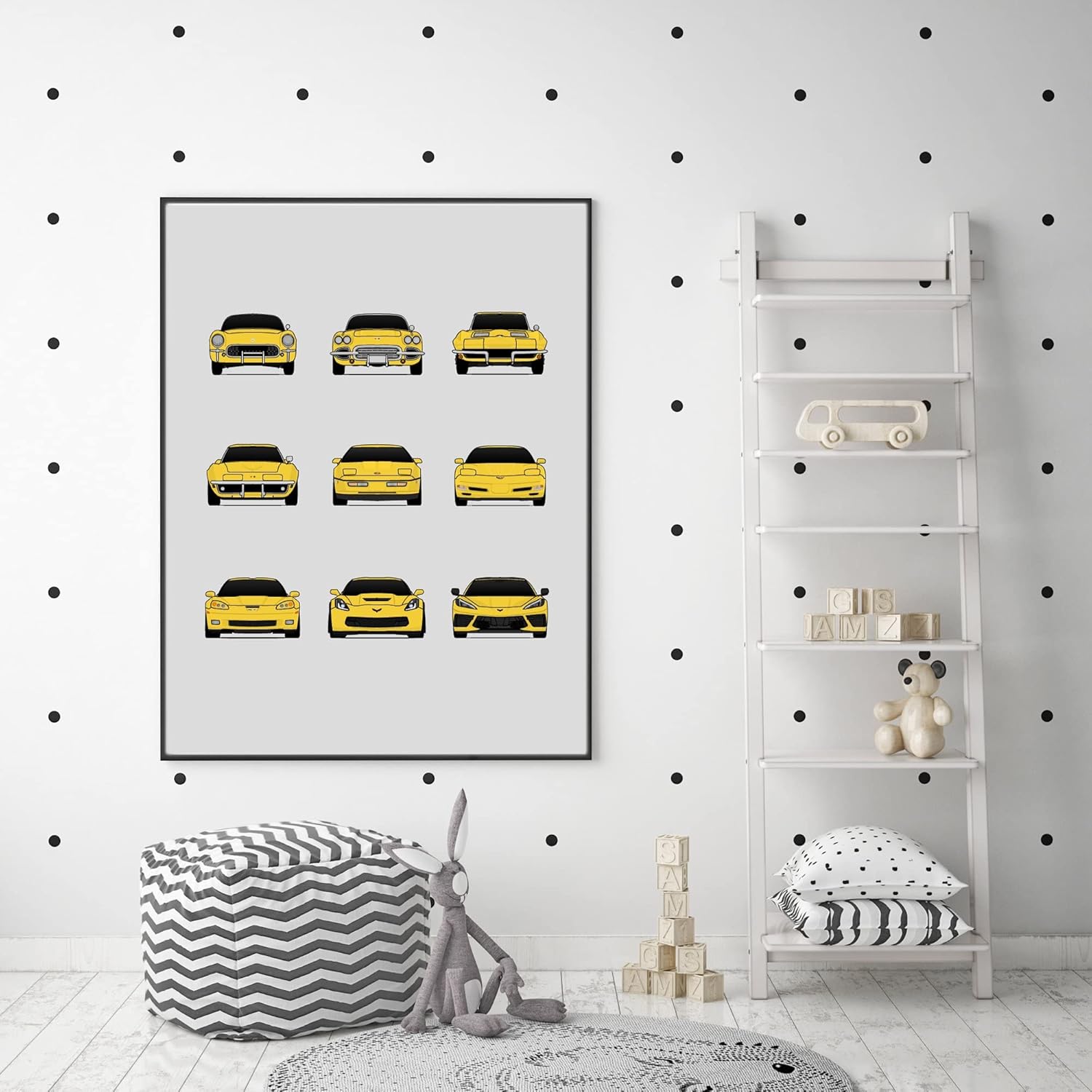 Chevy Corvette Generations Inspired Car Poster – Handmade Print of C1 C2 C3 C4 C5 C6 C7 C8 – Yellow, 11×14″ Satin Print (Unframed) – Perfect Gift