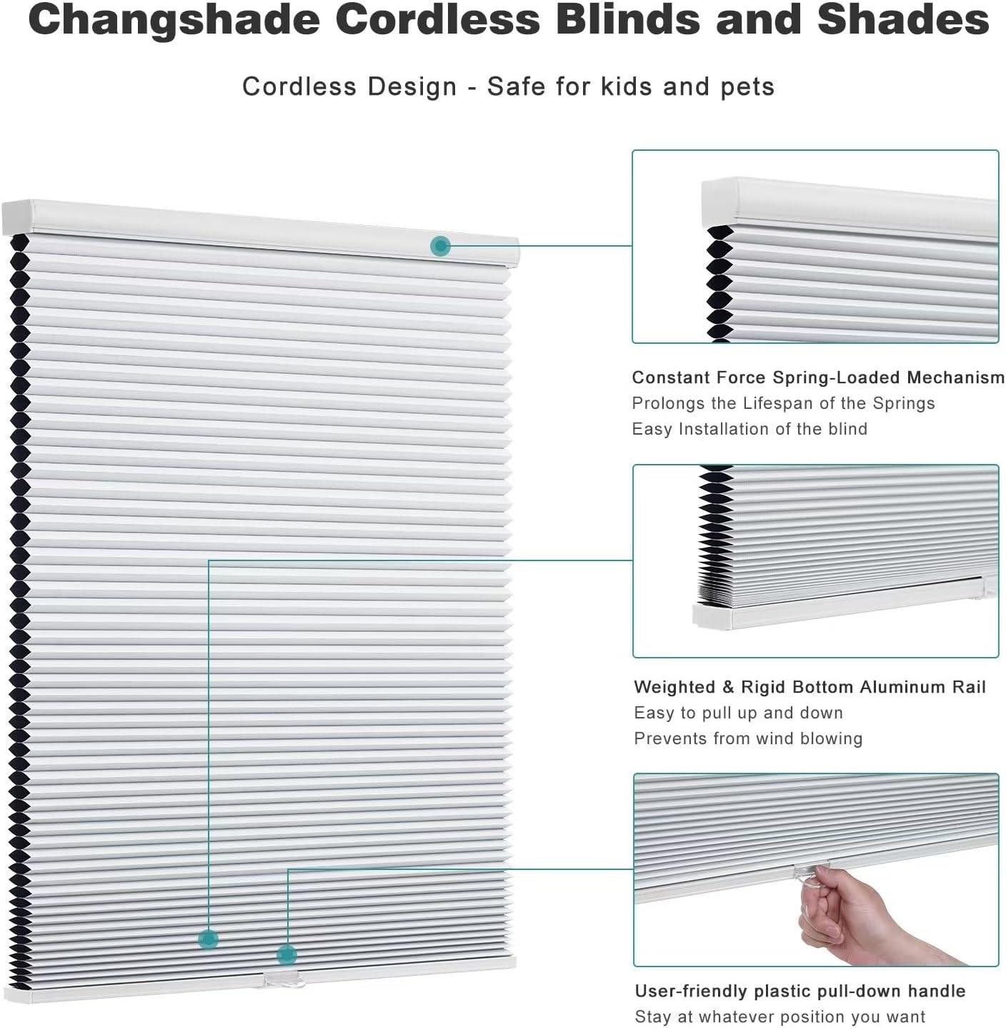 Changshade Persiana opaca personalizada sin cables, con el diámetro de panales de 1.5 pulgadas, para oscurecer la habitación, pantalla plisada de