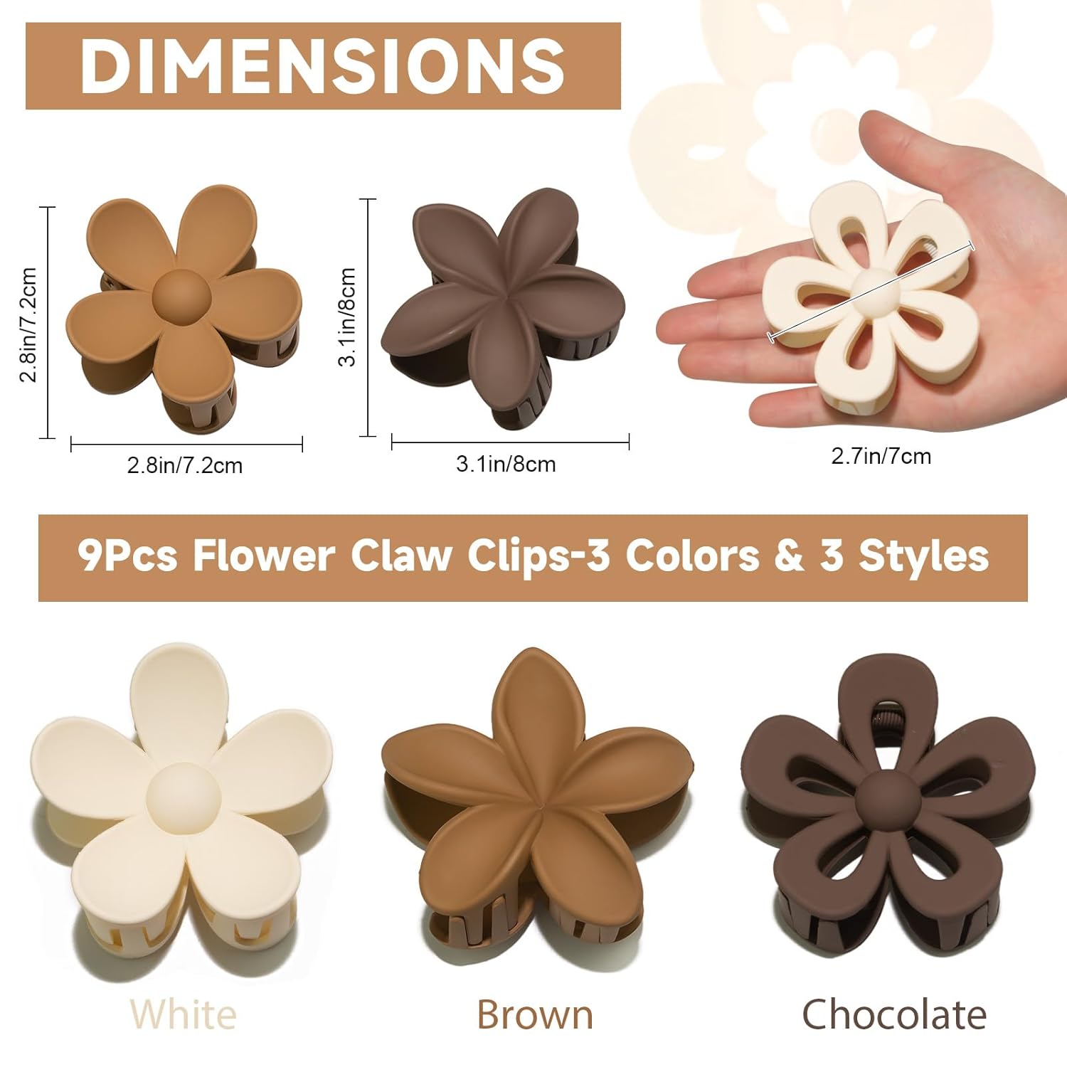 cobinaan Pinzas para el cabello de flores, 9 pinzas grandes para el cabello grueso para mujer, pinzas de garra mate medianas, bonitos 3 estilos,