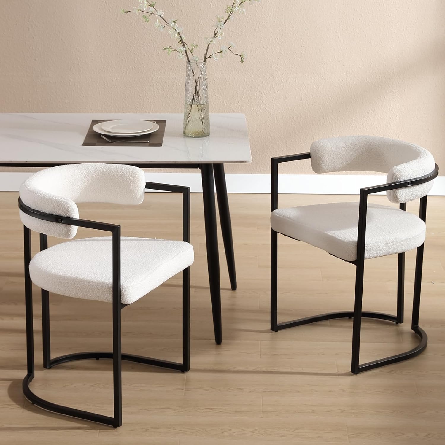 Juego de 2 sillas de comedor de sherpa blancas, modernas sillas de comedor con respaldo cómodo, sillón tapizado para cocina, sala de estar, cocina,