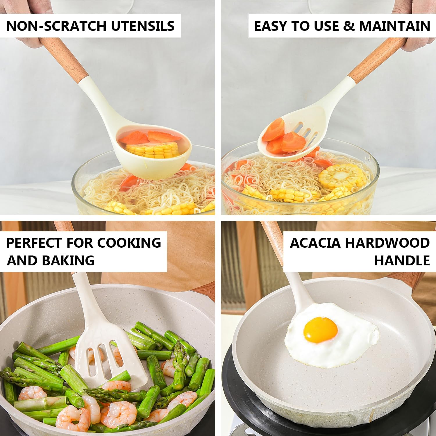 IOCBYHZ Juego de 5 utensilios de cocina de silicona, juego de utensilios de cocina con mango de madera resistente al calor, antiadherente, espátula