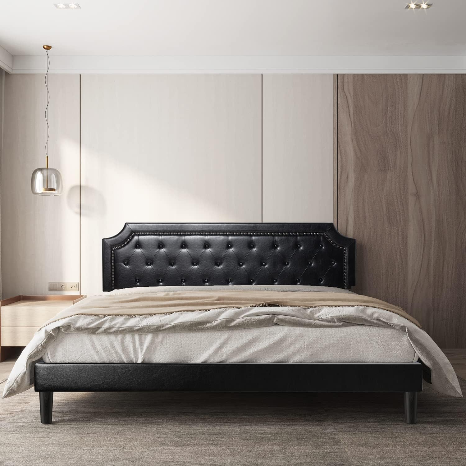 BONSOIR Base de cama tapizada de perfil bajo con cabecera de piel sintética copetuda, no necesita somier, no necesita falda de cama (negro, tamaño