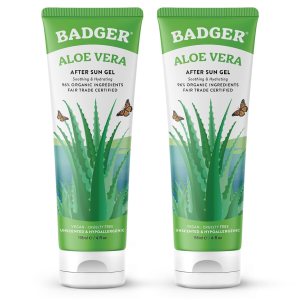 Badger Gel de aloe vera para aliviar quemaduras solares, comercio justo y cuidado orgánico después del sol, gel de aloe vera calmante puro y Badger Gel de aloe vera para aliviar quemaduras solares, comercio justo y cuidado orgánico después del sol, gel de aloe vera calmante puro y
