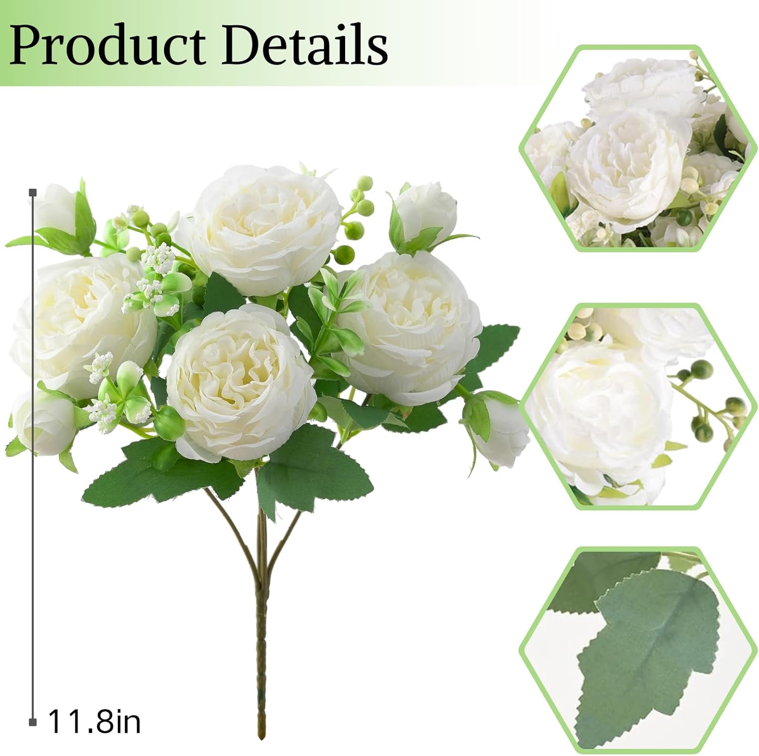 ASTRYAS Flores artificiales blancas, 3 piezas de centros de mesa de peonía falsas para decoración, peonías de seda, ramo de novia de boda para