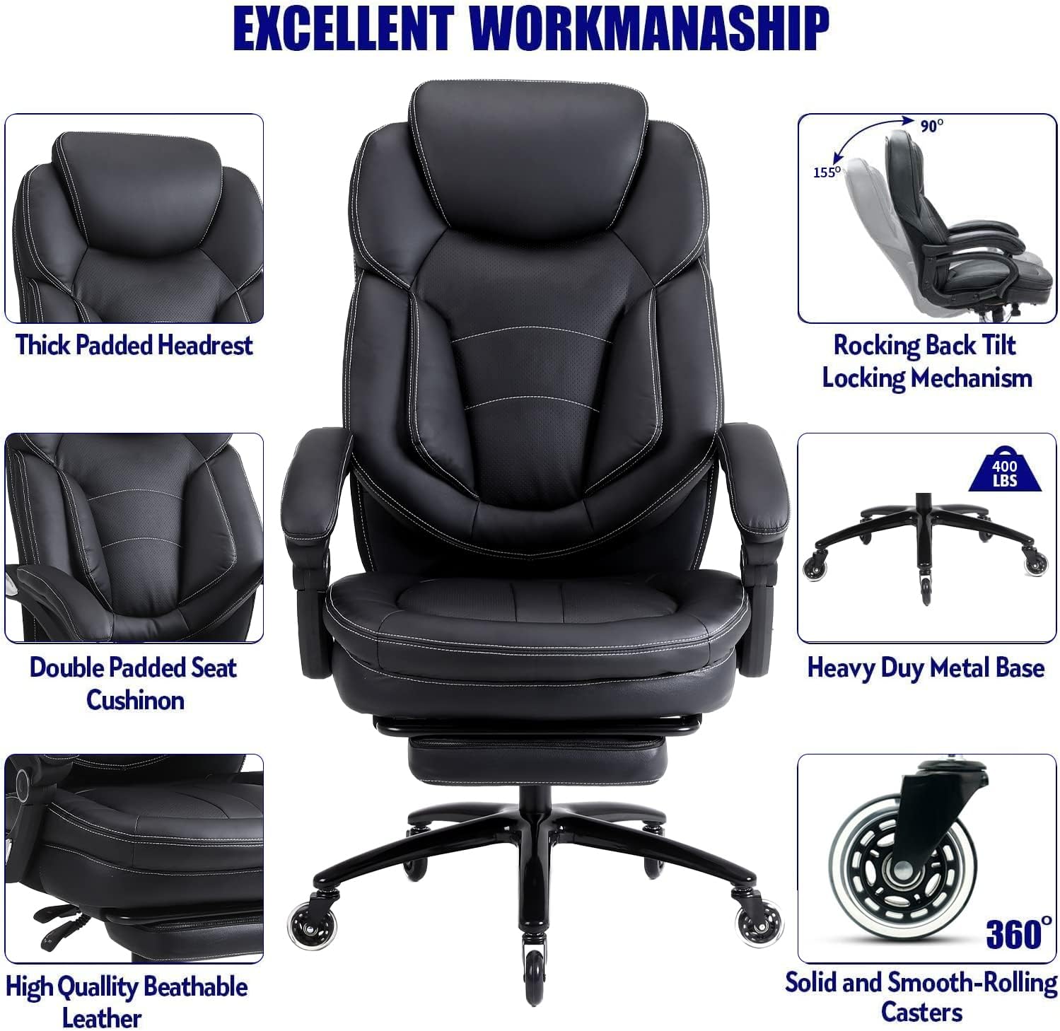 KCREAM Silla de oficina grande y alta, silla de oficina reclinable con respaldo alto, con reposapiés, silla ejecutiva para computadora, silla de