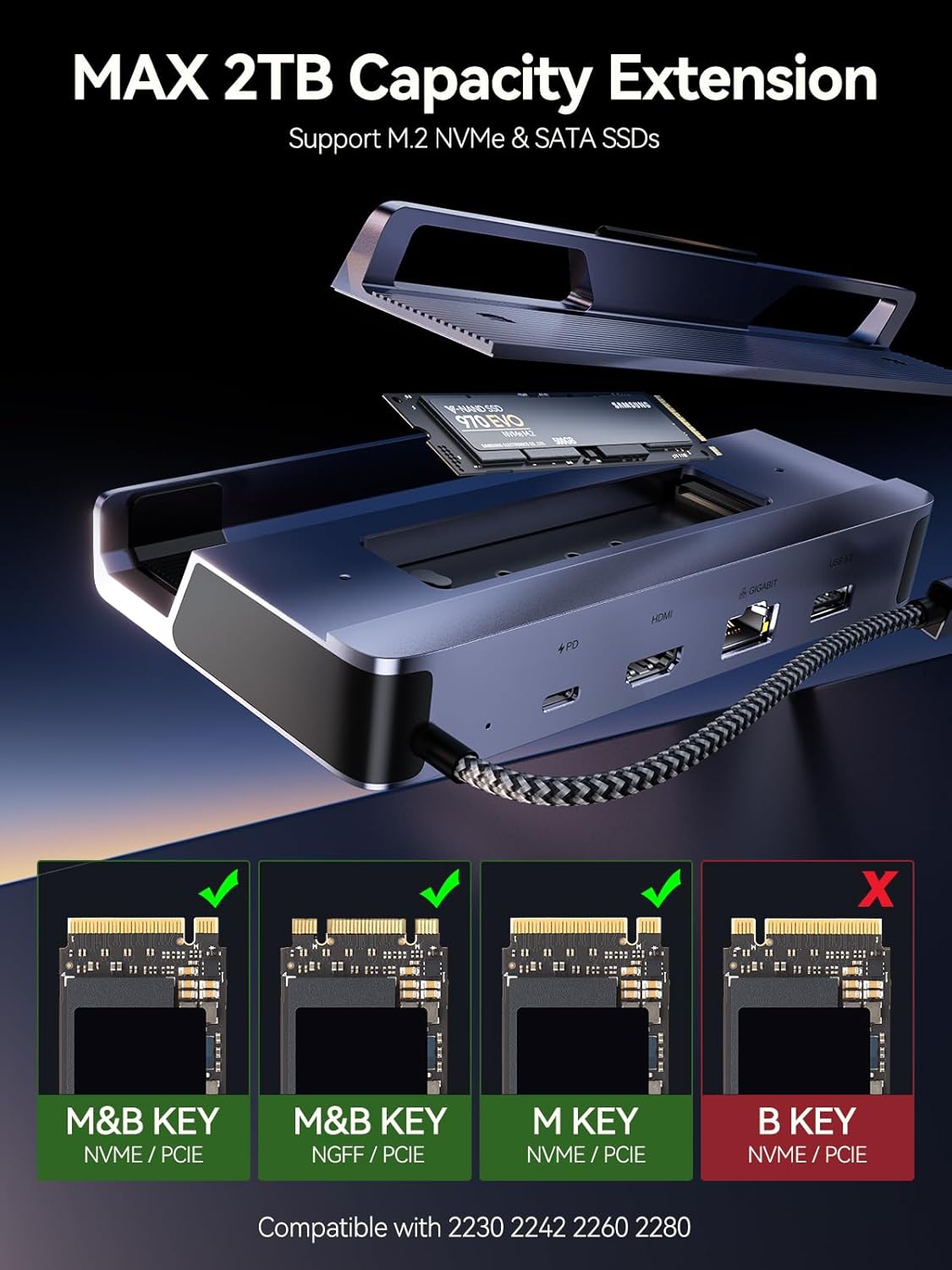Base de vapor SSD, estación de acoplamiento 6 en 1 para Rog Ally con puertos USB A dobles de 10 Gpbs, HDMI 2.0 4K a 60 Hz, Ethernet de 1000 M,