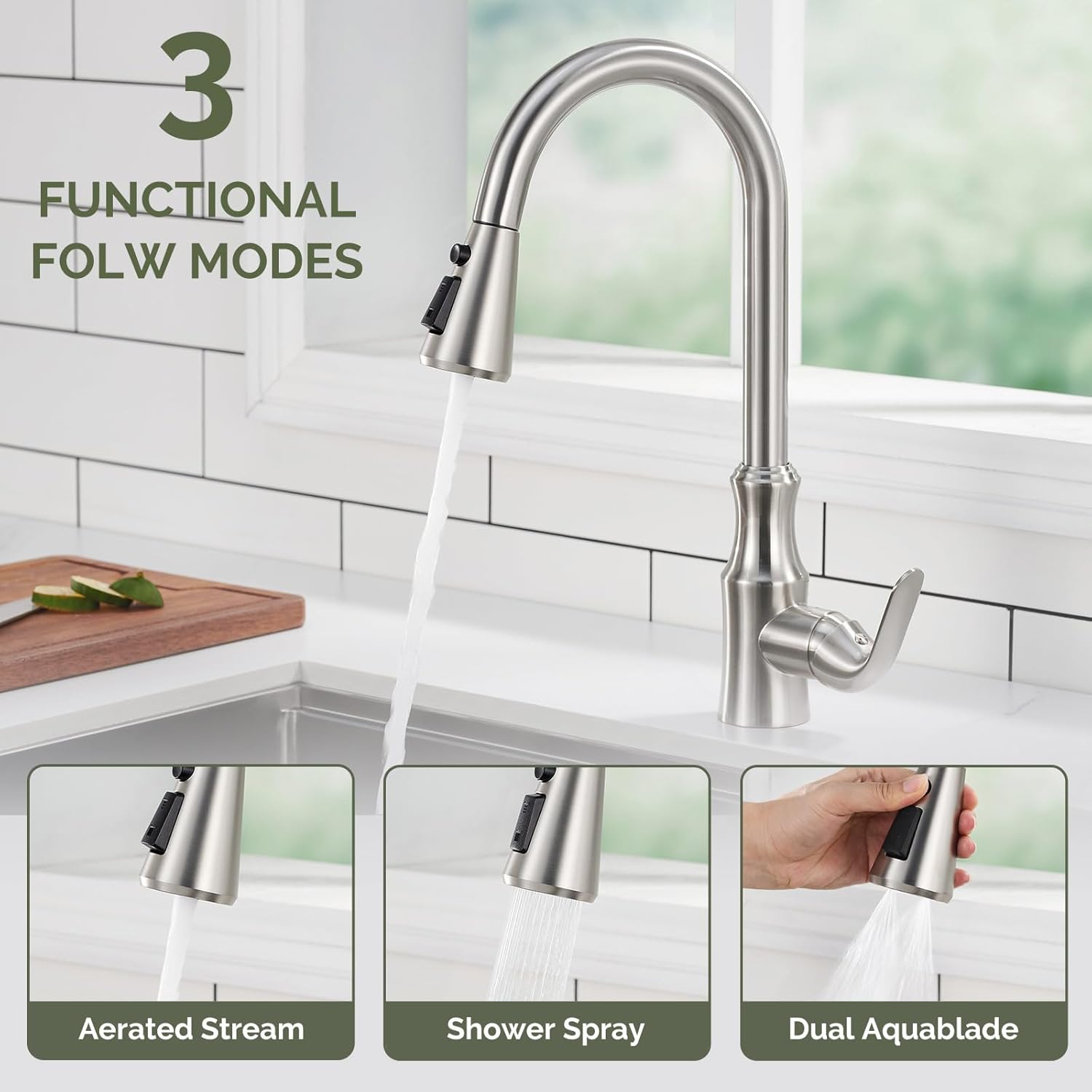 Angle Simple – Cabezal de grifo de cocina de repuesto de níquel cepillado, 3 funciones, cabezal de grifo Aquablade dual para fregadero de cocina,