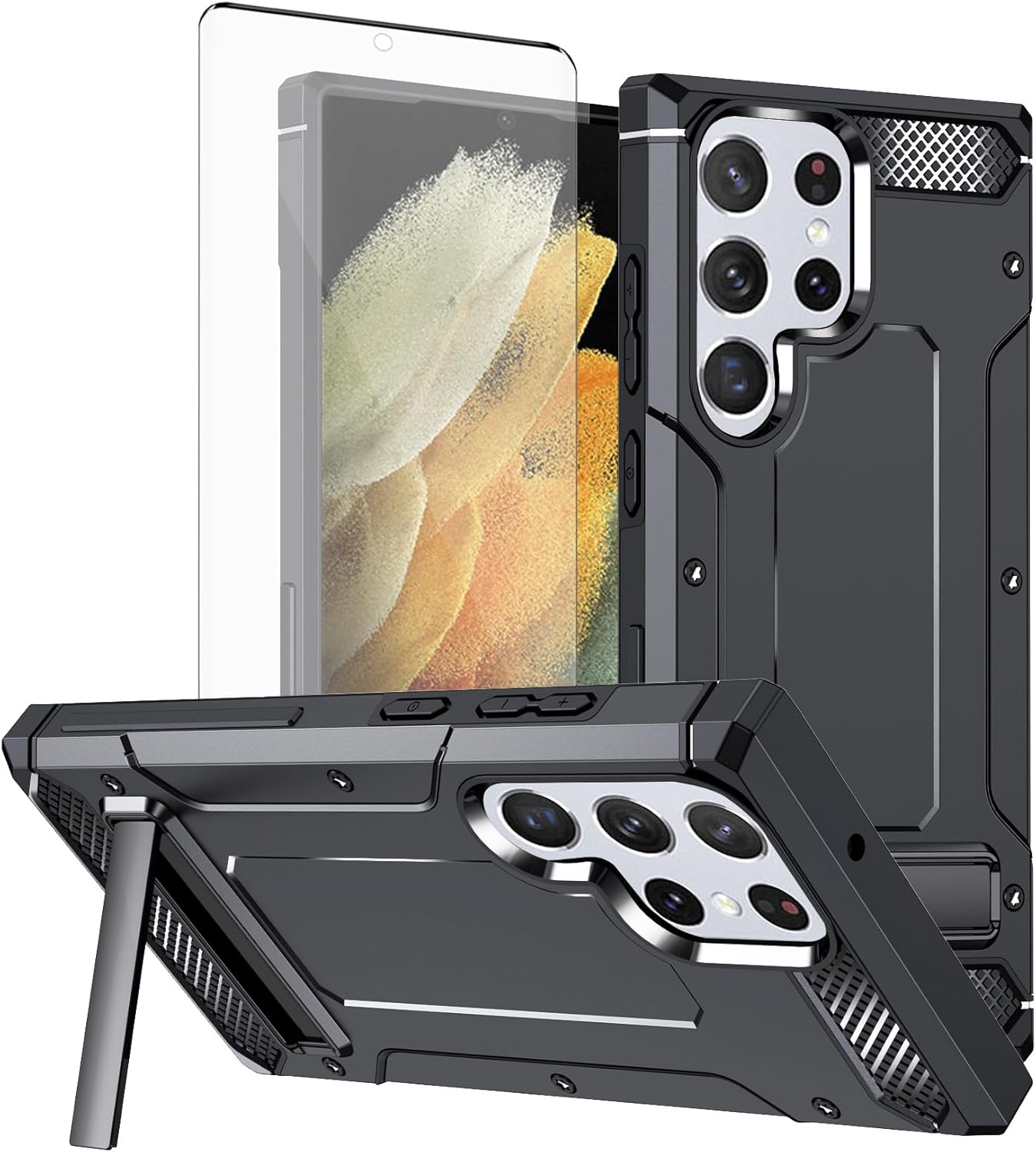 Asuwish Funda de teléfono para Samsung Galaxy S22 Ultra 5G con protector de pantalla de vidrio templado y soporte delgado y resistente cubierta