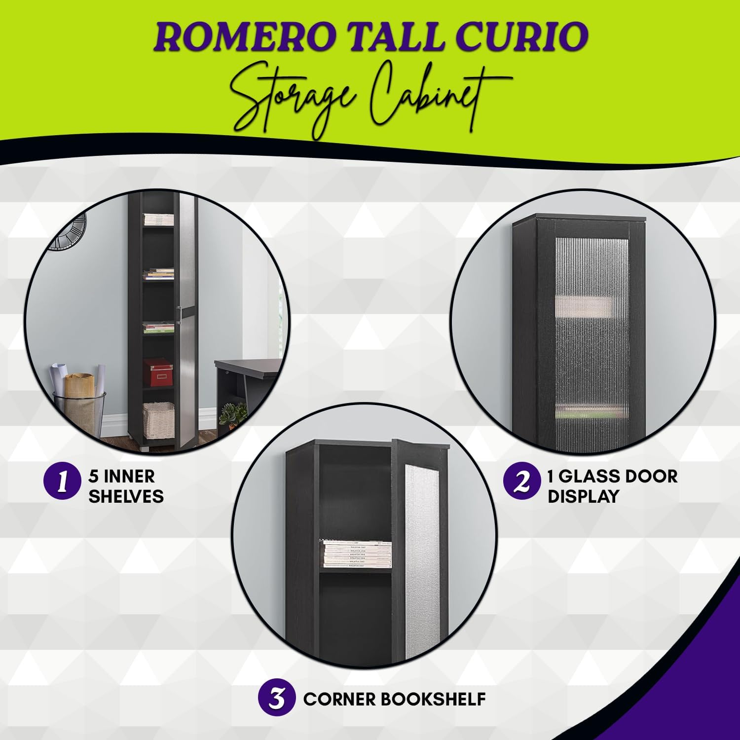 Kings Brand Furniture Romero – Armario de almacenamiento alto Curio, estantería alta perfecta para sala de estar, cocina, dormitorio y oficina,