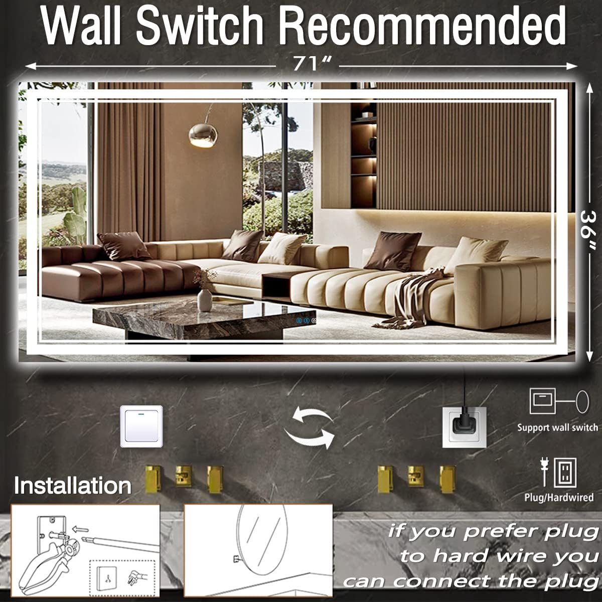 DIDIDADA Espejo LED de baño de 36 x 72 pulgadas para baño montado en la pared, espejo de tocador iluminado de 72 pulgadas con luces, 3 colores,
