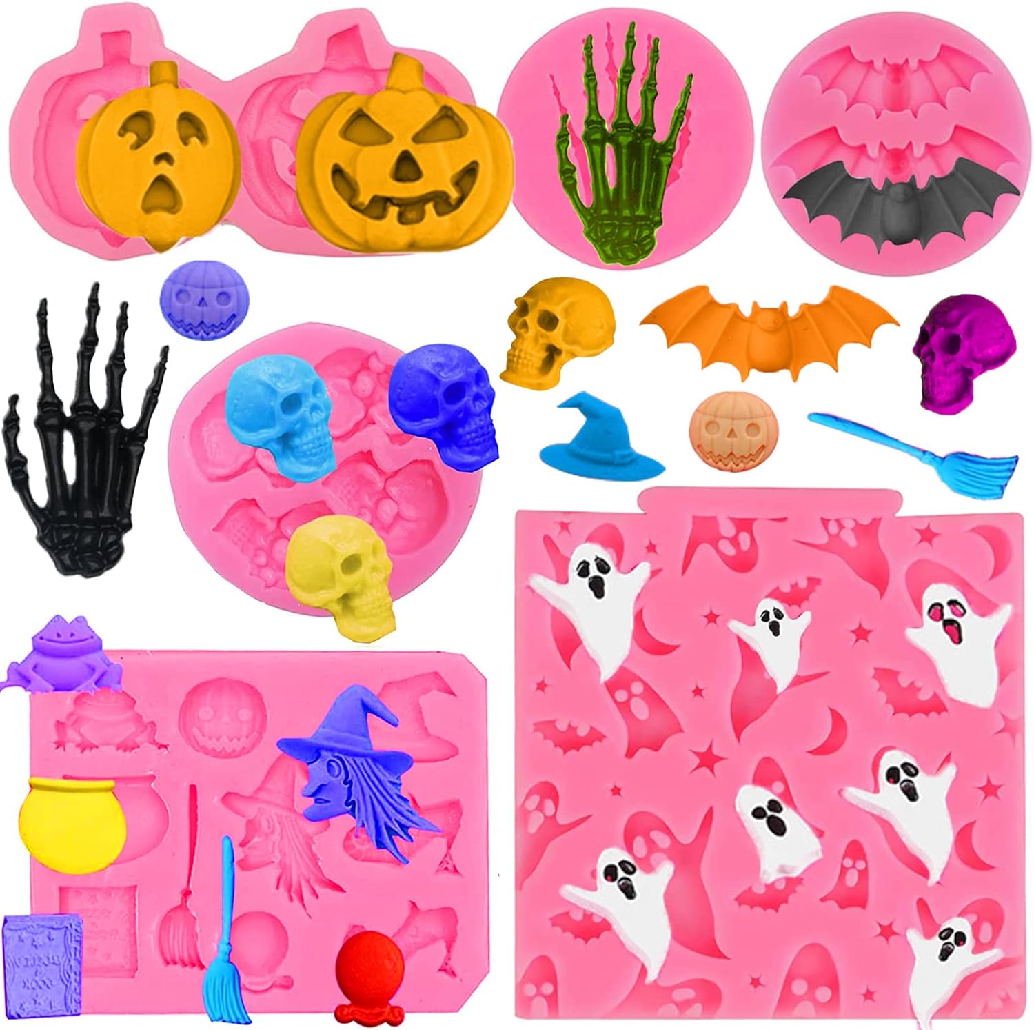 Rainmae 6 moldes de silicona de Halloween, murciélagos de Halloween, calabaza, araña, búho, fantasma, fondant, herramientas de decoración de