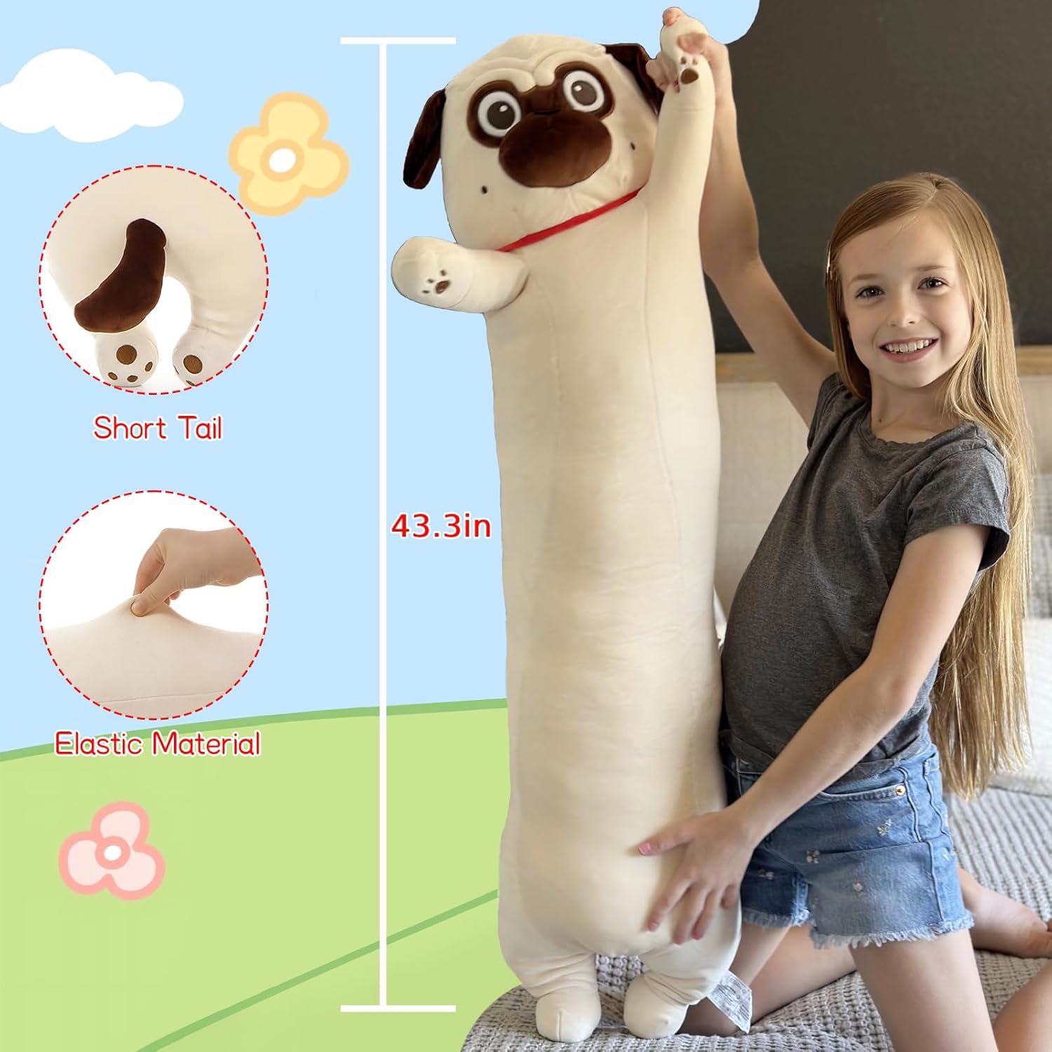 Karister Peluche de perro carlino gigante para niños de 43 pulgadas de largo, almohada corporal de felpa para cachorro, lindo regalo para amantes de