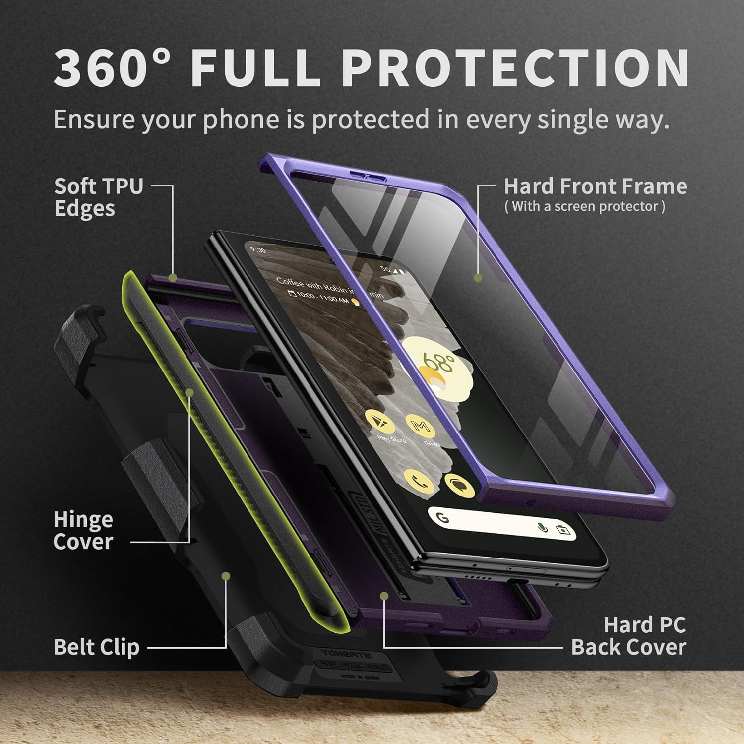 Tongate Funda plegable para Google Pixel (2023), protector de pantalla integrado protección de bisagra Funda resistente de grado militar de doble