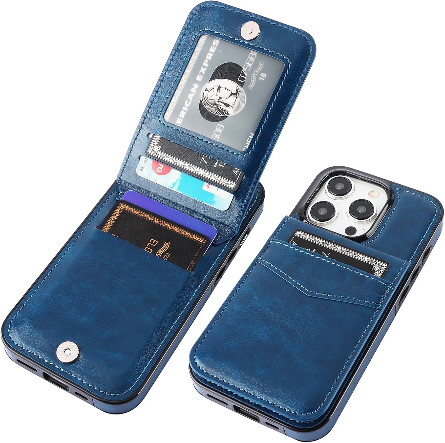 KIHUWEY Funda compatible con iPhone 15 Pro con soporte para tarjeta de crédito, cierre magnético de cuero de alta calidad, función atril, funda