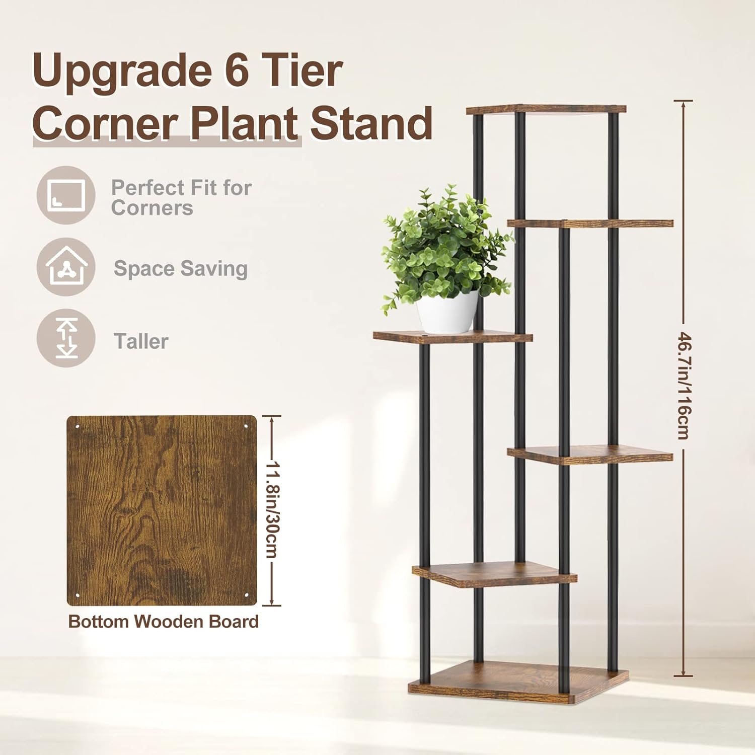 Soportes esquineros de 6 niveles altos para interiores, estante grande de metal para macetas de madera de 45 pulgadas para múltiples plantas,