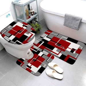 Juego de 3 alfombrillas de baño geométricas abstractas para baño, rojo, gris, negro, blanco, geométrico, cuadrados, contemporáneo, moderno, simple, Juego de 3 alfombrillas de baño geométricas abstractas para baño, rojo, gris, negro, blanco, geométrico, cuadrados, contemporáneo, moderno, simple,
