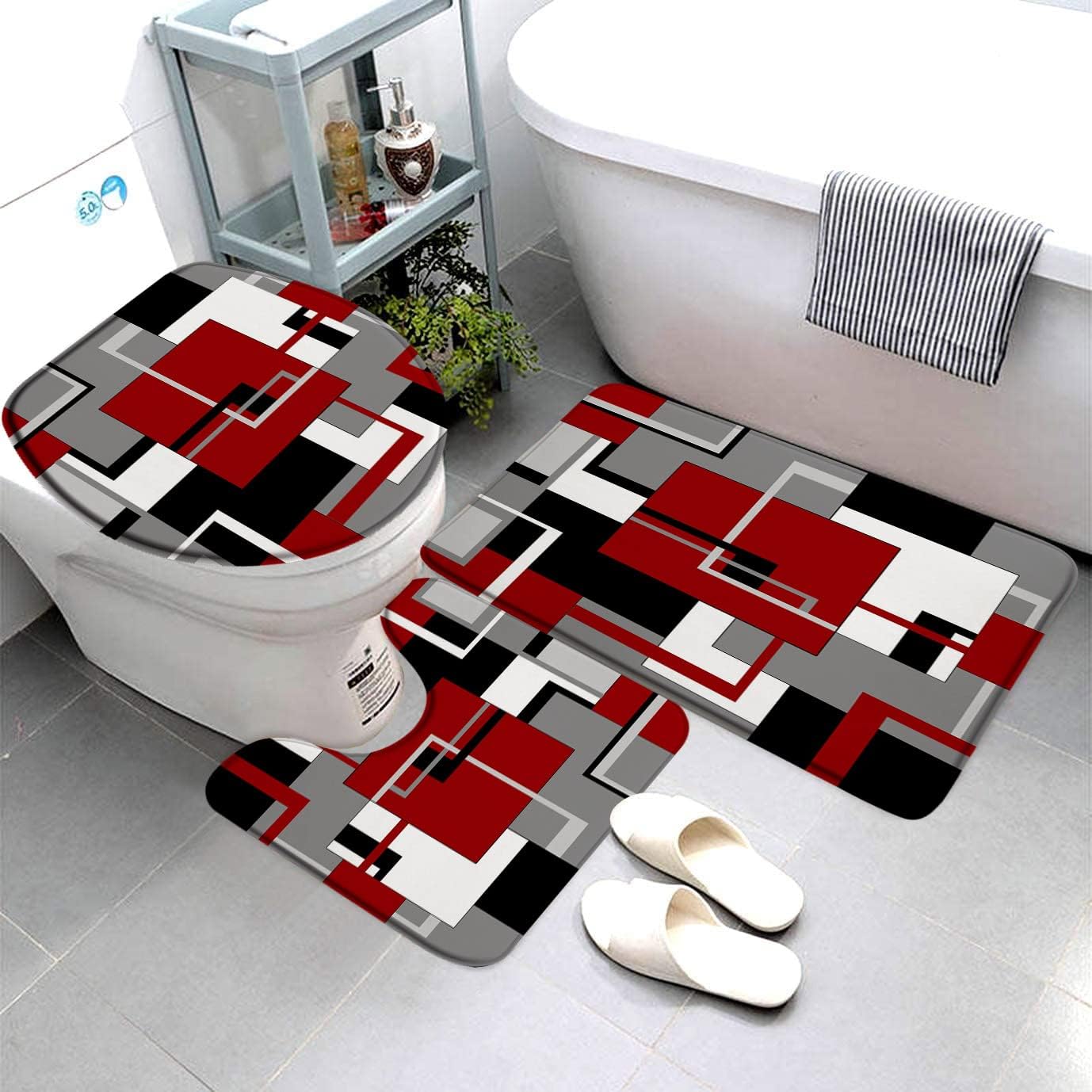 Juego de 3 alfombrillas de baño geométricas abstractas para baño, rojo, gris, negro, blanco, geométrico, cuadrados, contemporáneo, moderno, simple,
