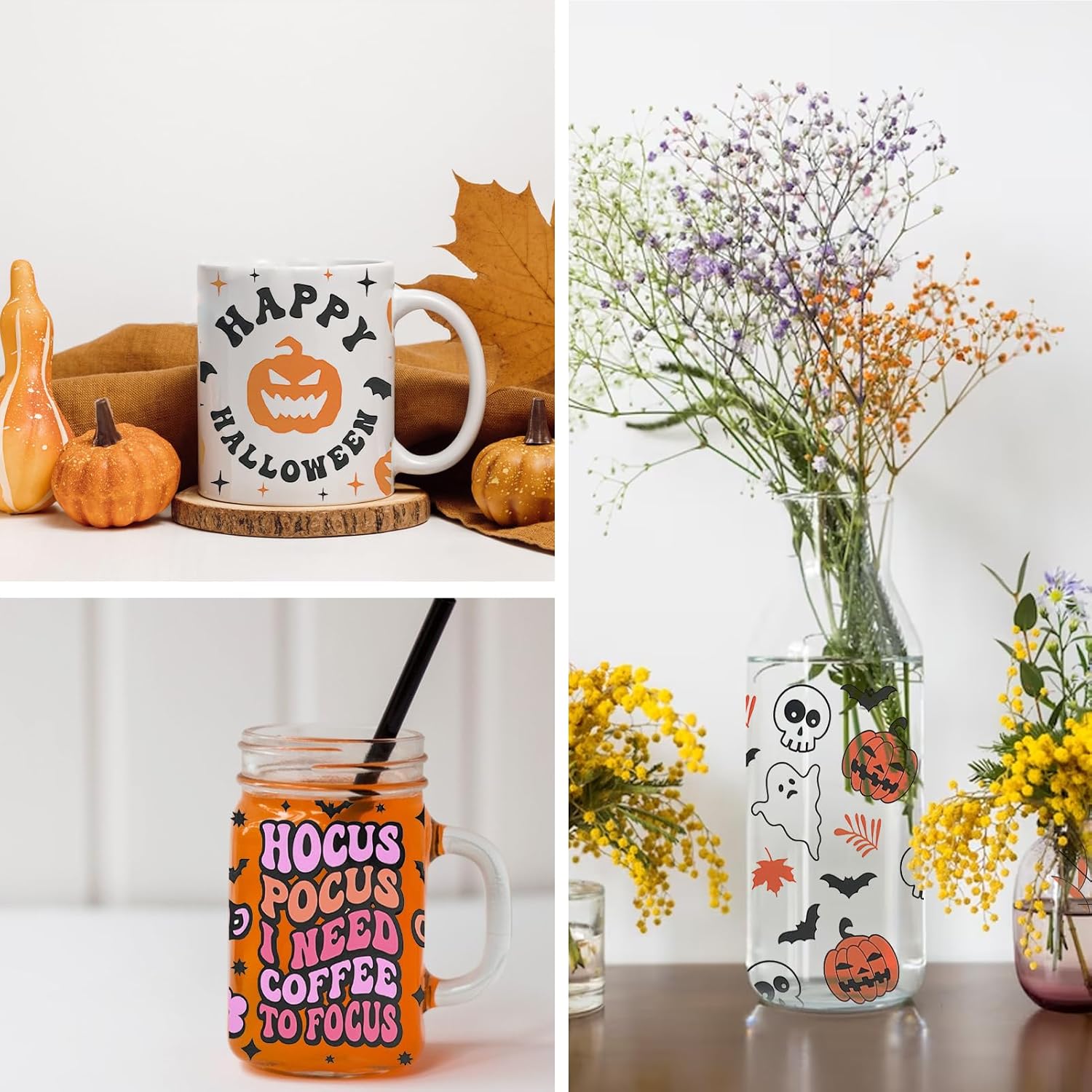 Envoltura de taza DTF UV para Halloween, 12 hojas de calcomanías de transferencia impresas de calabaza de Halloween para UV DTF, calcomanías de