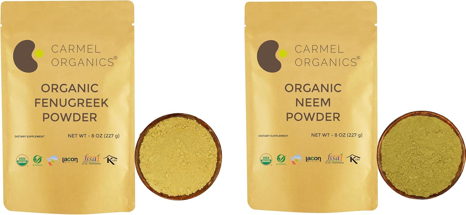 Combo de hojas de neem orgánicas en polvo y polvo de semillas de fenogreco (8 onzas cada uno) para tu cuidado de la salud, cuidado del cabello y