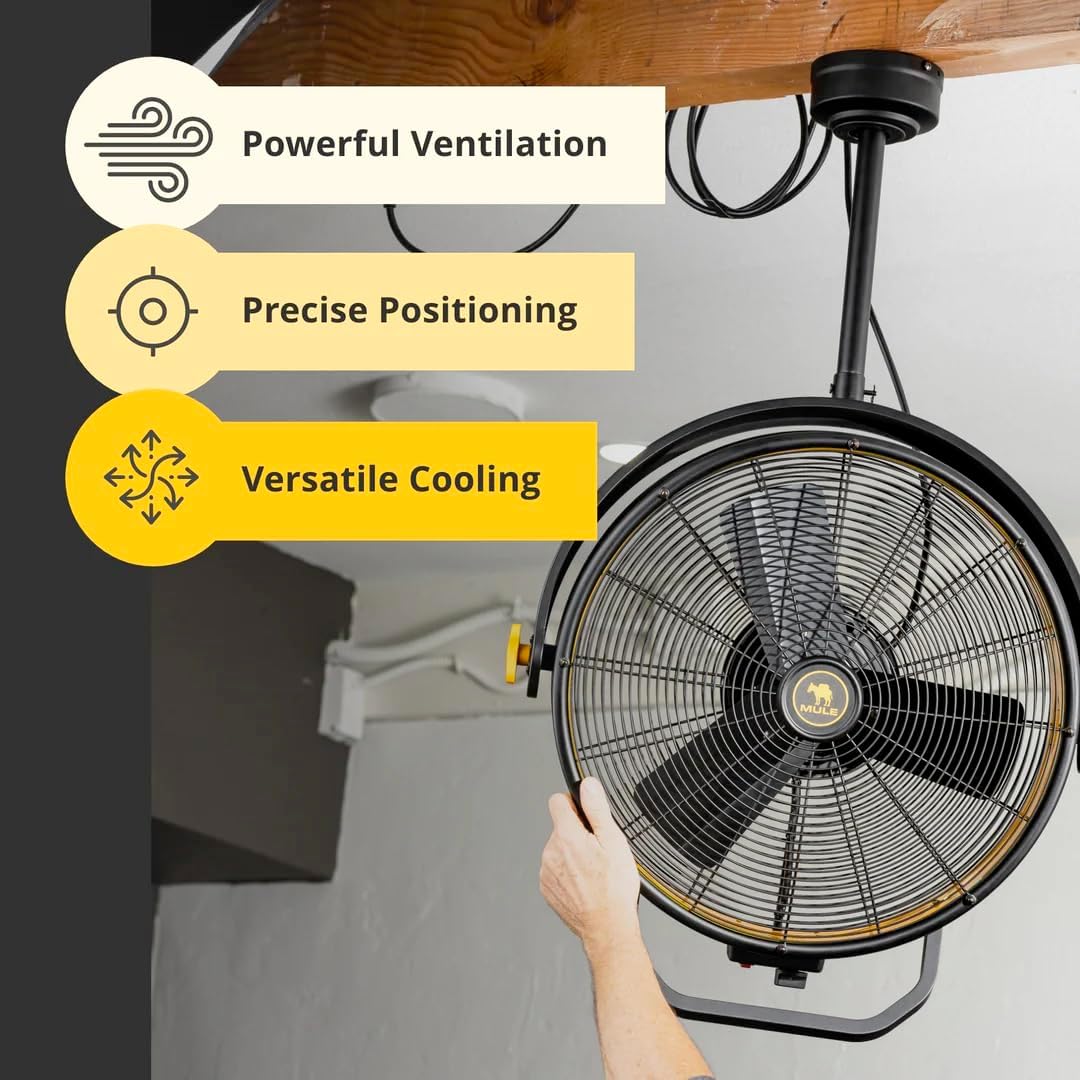 Mule 52007-45 Ventilador de garaje con cable enchufable montado en el techo de 18 pulgadas de 3 velocidades sin control remoto – negroamarillo