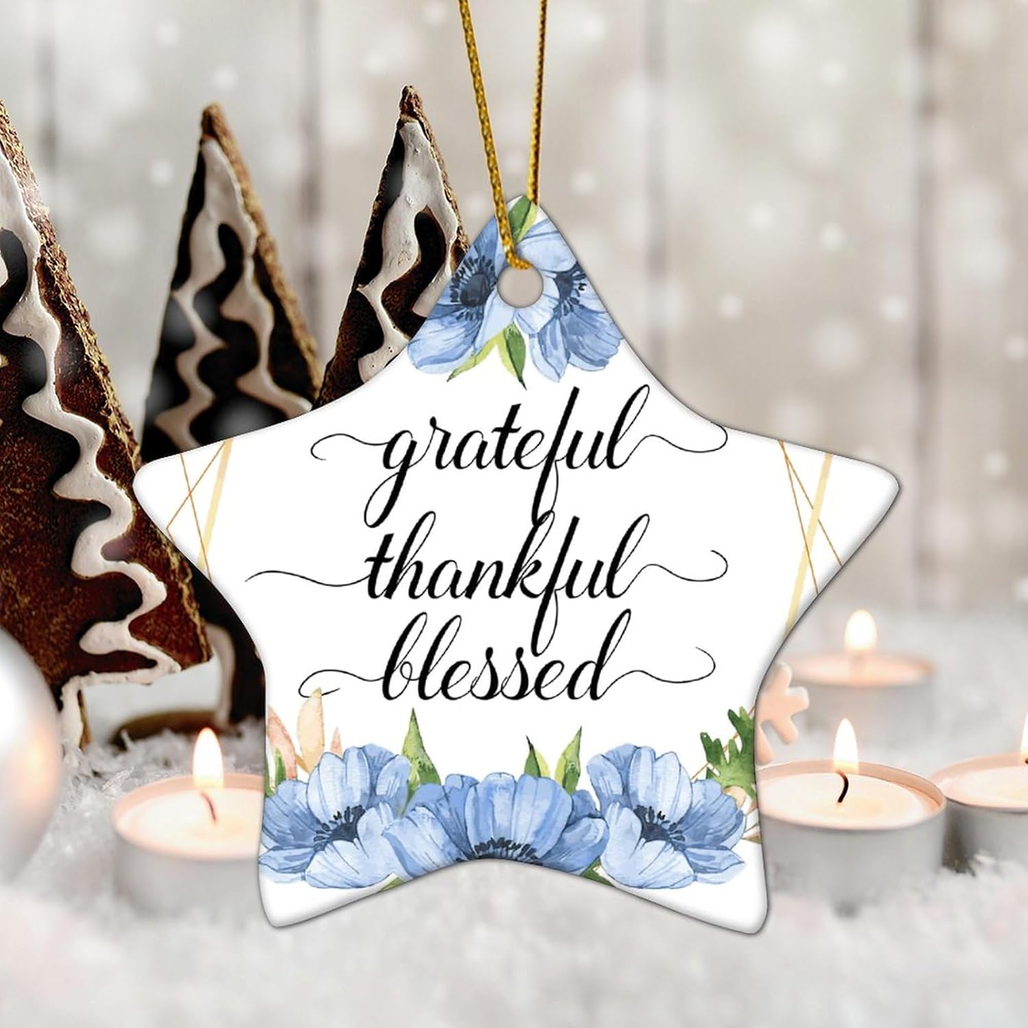 Corona floral Grateful Thankful Blesed, adorno decorativo de estrella plana de cerámica para decoración de árbol de Navidad, adorno de compromiso de