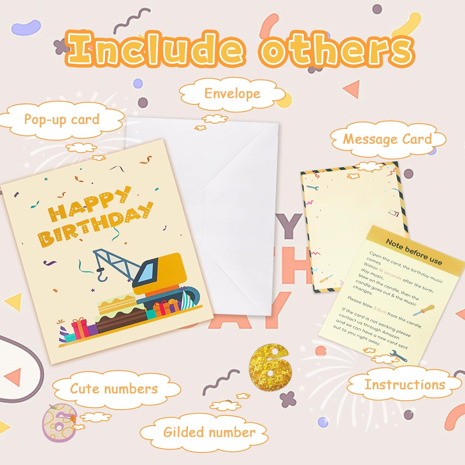 Tarjeta de felicitación 3D de 6 cumpleaños con luz y música, tarjeta de camión grúa para niño, sobrino, nieto, hijo, niño pequeño, con sobre,