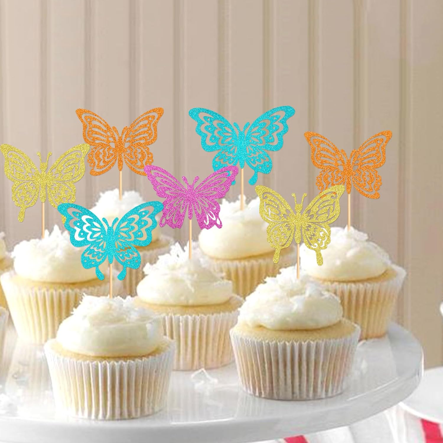 Paquete de 24 adornos de mariposa para cupcakes ensamblados con diseño de mariposa, baby shower, boda, compromiso, despedida de soltera, para niños,