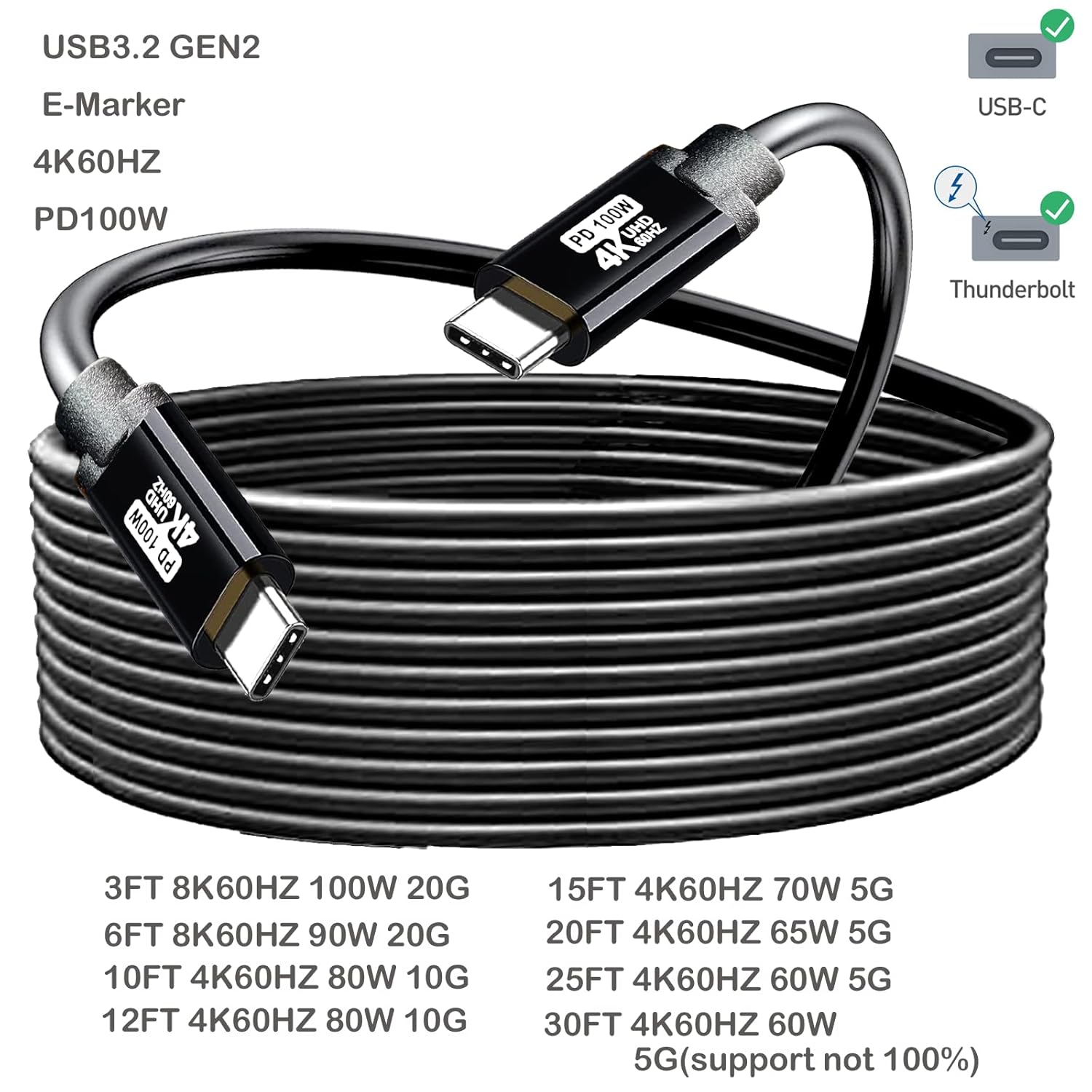 Cable USB C a USB C de 10 pies, 100 W 4K60HZ USB3.2 GEN2x2 compatible con Samsung Galaxy S23 S22 S21 S20 Ultra, Note 20 10, MacBook ProAir, iPad Pro