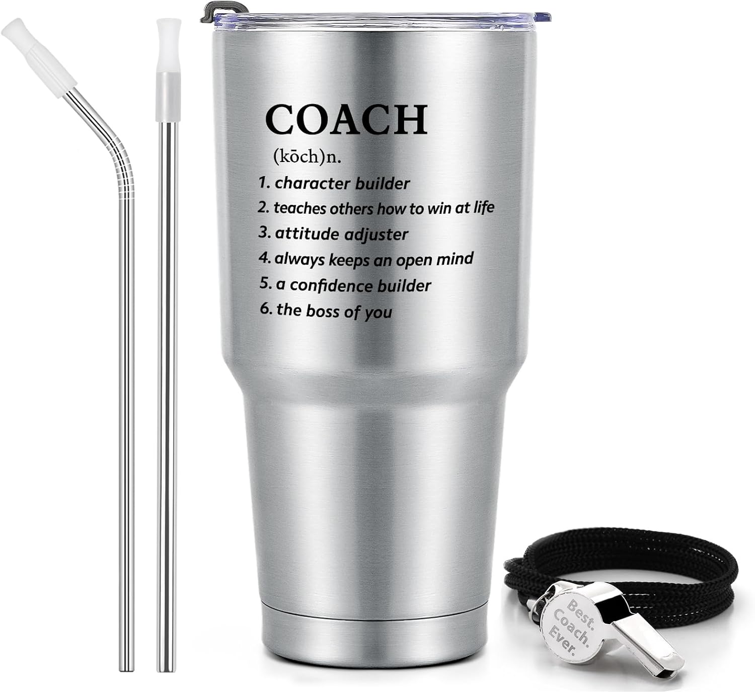 Lifecapido Regalos de entrenador para hombres y mujeres, vaso de entrenador de 30 onzas con tapa, popote y silbato, regalo de agradecimiento al