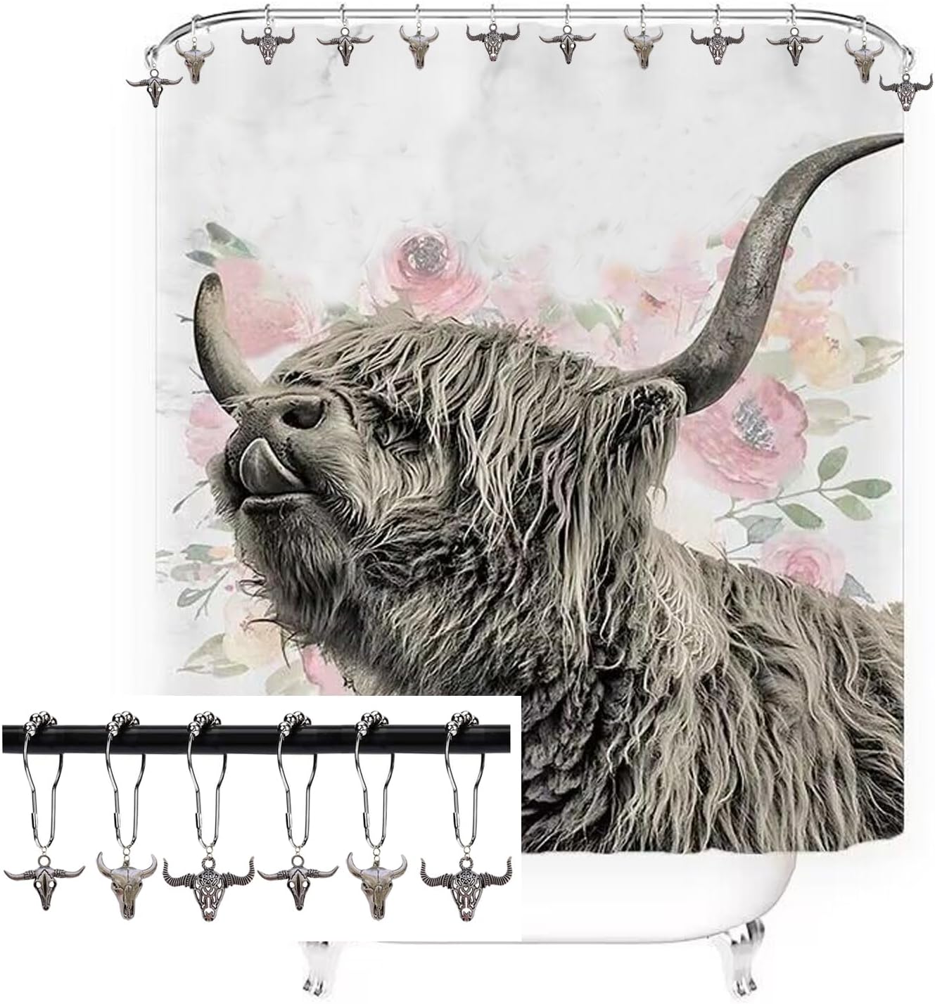 Ganchos para cortina de ducha de vaca, 12 piezas de acero inoxidable a prueba de óxido, accesorios para colgantes de calaveras de toro, vida
