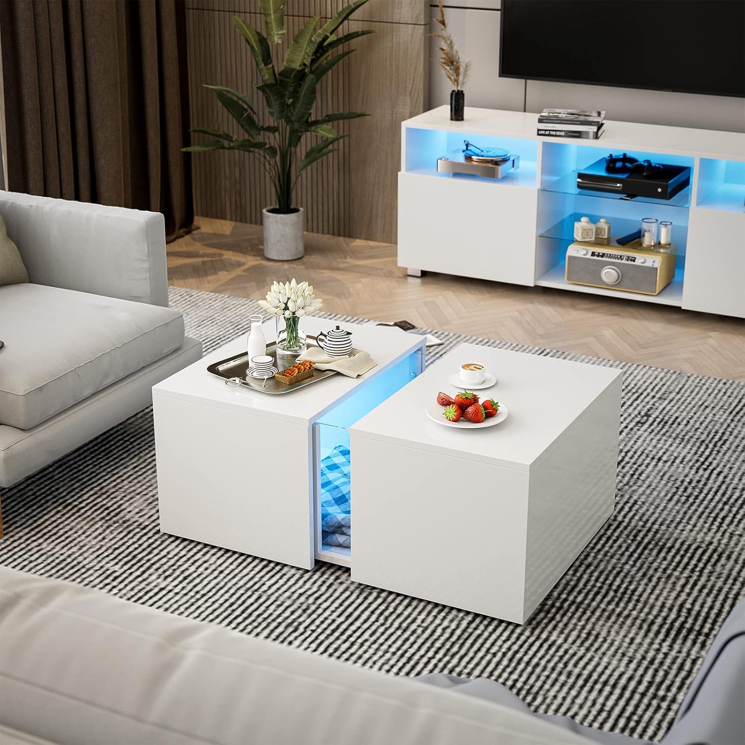 IKIFLY Moderna mesa de centro LED pequeña con compartimento oculto retráctil, mesa de centro blanca de tamaño pequeño alto brillante con luces LED