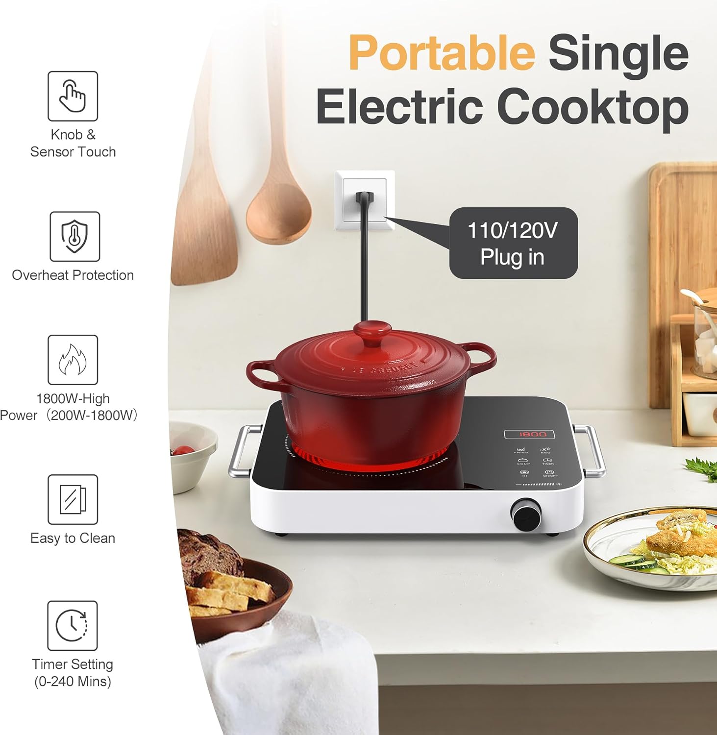 Estufa eléctrica de un solo quemador, estufa eléctrica de 1800 W 110 V con control de perilla, placa de inducción portátil con 2 asas, placa