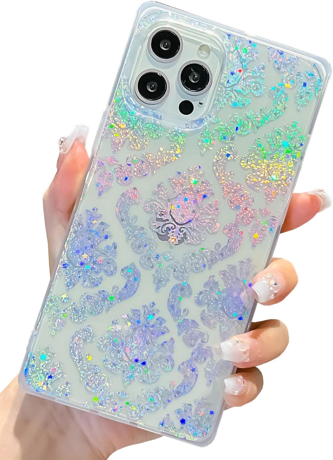 KERZZIL Funda transparente de lujo con borde cuadrado compatible con iPhone 13 Pro, delgada, elegante, retro, flor suave, gel de silicona TPU a