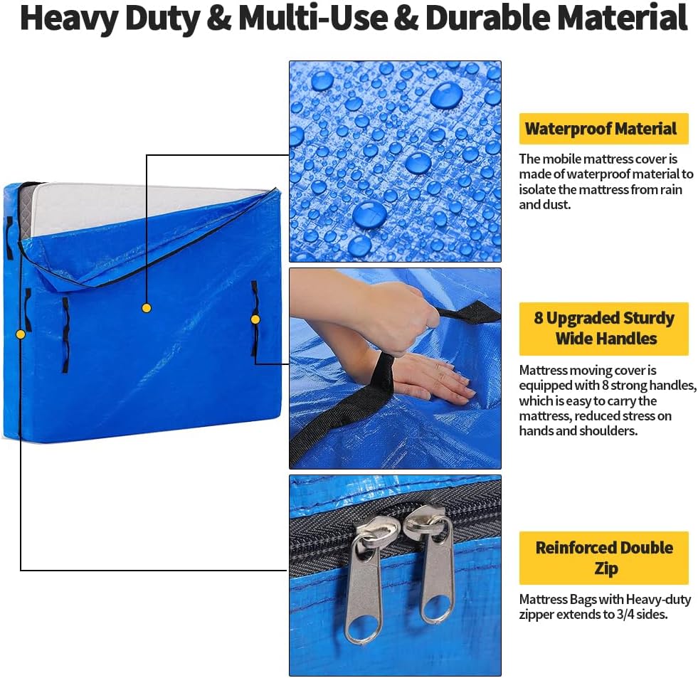 Gulrear Bolsas de colchón para protector de mudanza, funda de colchón reutilizable tamaño King con cremalleras y asas de transporte que hacen que