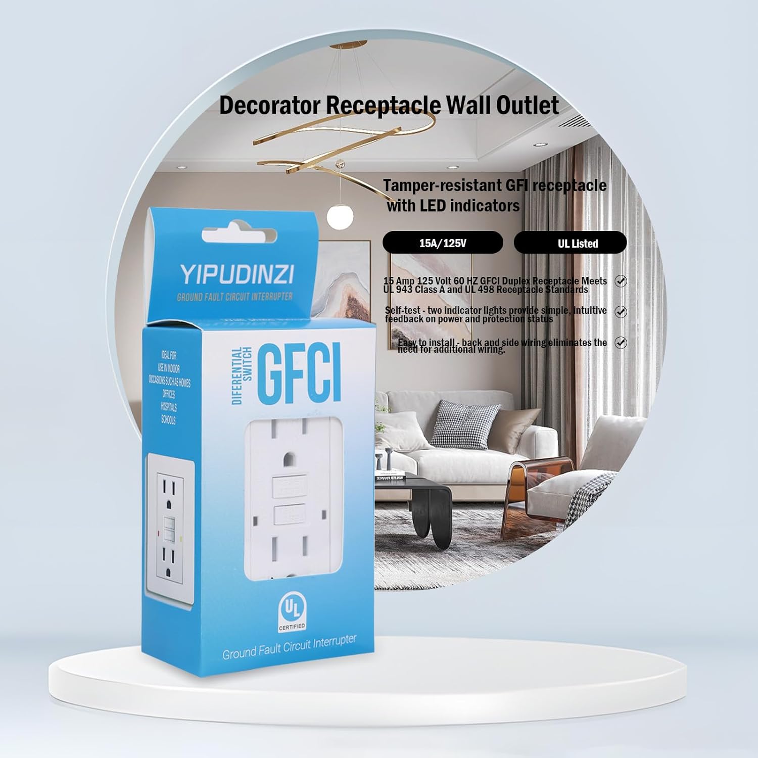 Toma GFCI de 15 amperios, resistente a manipulaciones y a la intemperie, receptáculo eléctrico para uso en interiores o exteriores, indicador LED