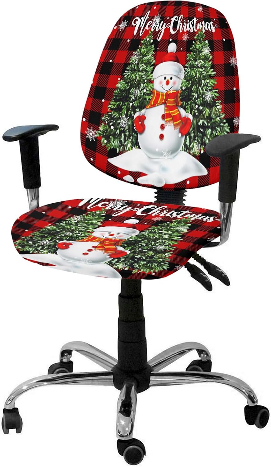 Funda para silla de oficina con diseño de muñeco de nieve de Navidad, muñeco de nieve lindo con árbol de Navidad, diseño de búfalo rojo y negro,