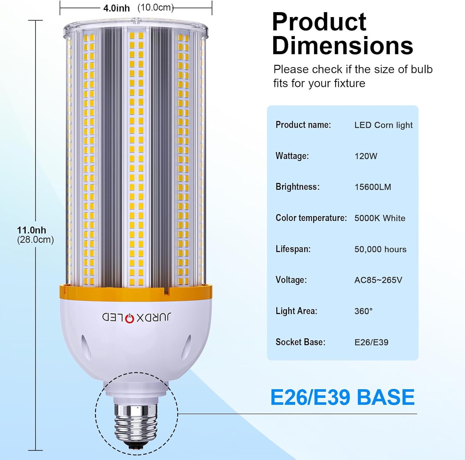 Paquete de 2 bombillas LED impermeables IP64, bombilla LED de repuesto de 120 W, base E26 con adaptador E39, bombilla LED de 15600 lm para garaje,