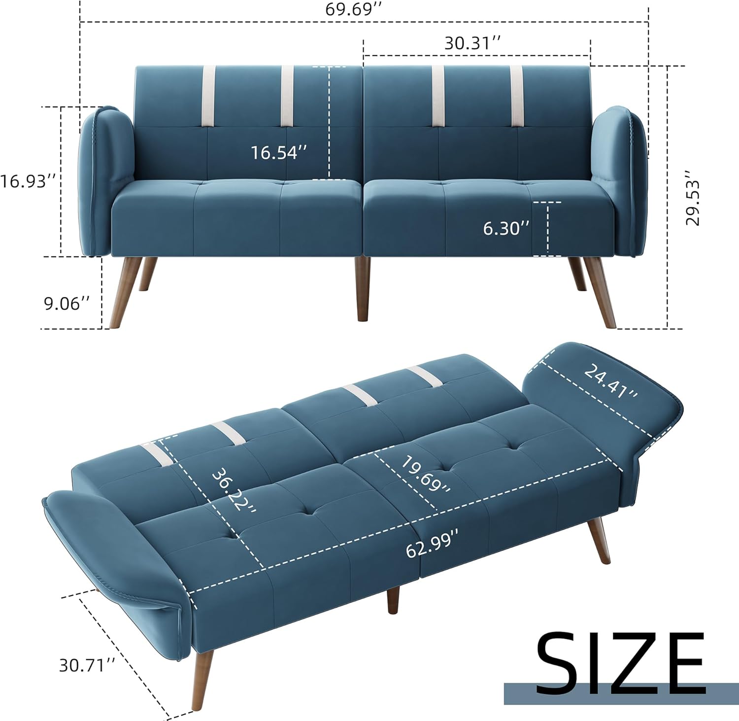JAMFLY Sofá cama futón de terciopelo de 69 pulgadas, sofá cama convertible con reposabrazos y respaldo ajustables, moderno sofá biplaza para sala de