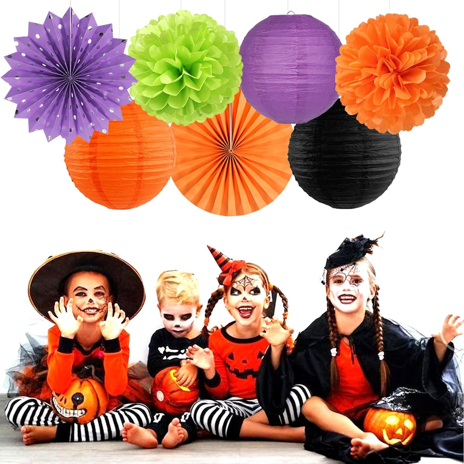 Decoraciones de fiesta de Halloween, color negro, morado, naranja, verde, 20 linternas de papel, pompones de tejido, bolas de panal, hotel