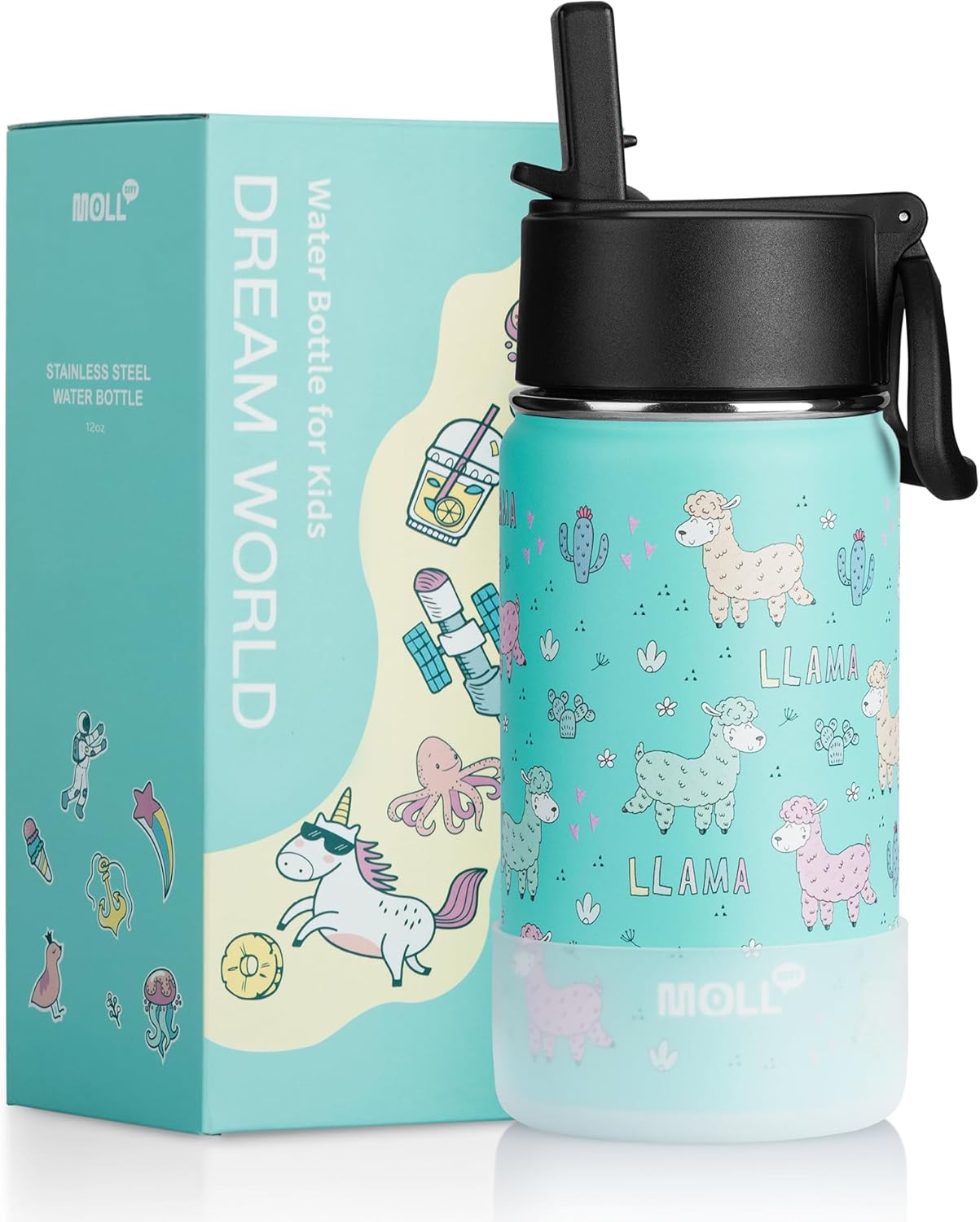 Botella de agua de 12 onzas con pajita, botella de agua deportiva aislada al vacío de acero inoxidable para niños para la escuela, botella de agua