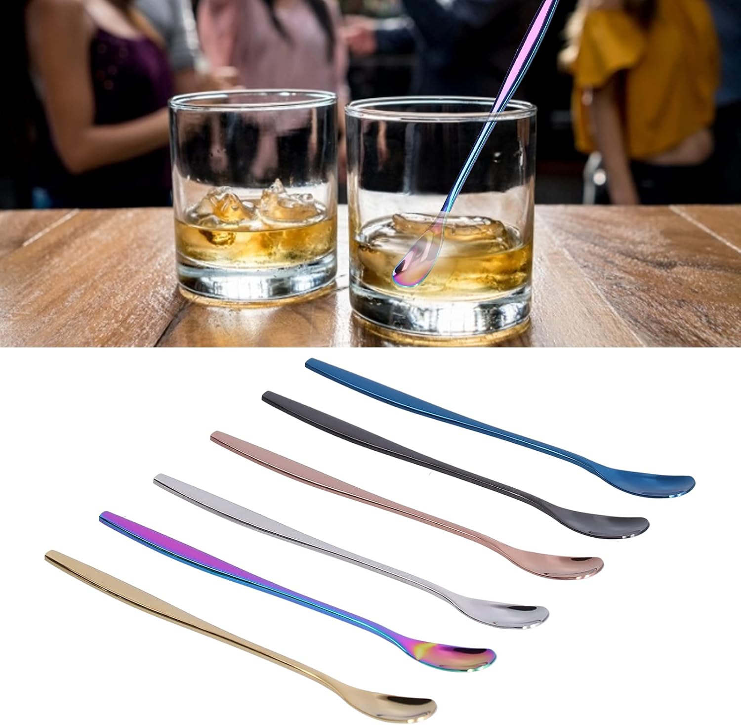 6 cucharas de mango largo, cuchara de té helado de acero inoxidable de 6 pulgadas, cuchara de café para madres, leches, té, mezcla, cóctel, batido,