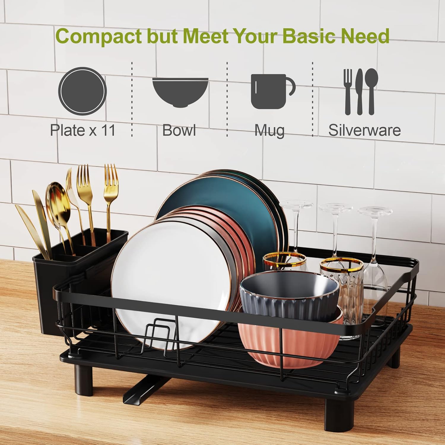 GSlife Escurridor de platos con escurridor, escurridor de platos para encimera de cocina con 12 ranuras para platos, resistente al óxido con patas