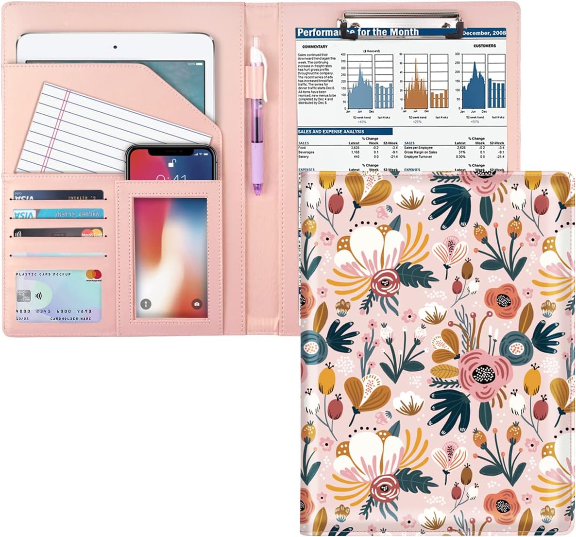 WAVEYU Funda tipo cartera para mujer, bonita funda floral para niñas, organizador de documentos legales para conferenciascurrículumslegales con