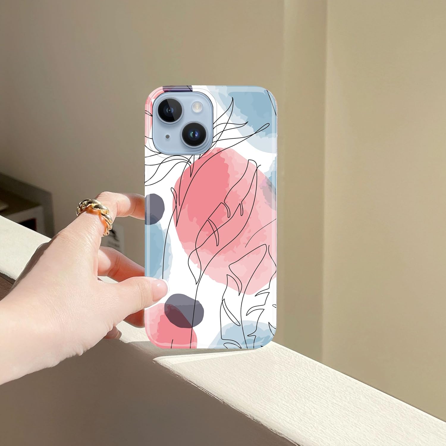J.west Funda para iPhone 14 Plus 6.7, estética, acuarela, minimalista, bohemio, moderno, impresiones abstractas delgadas, línea geográfica, patrón