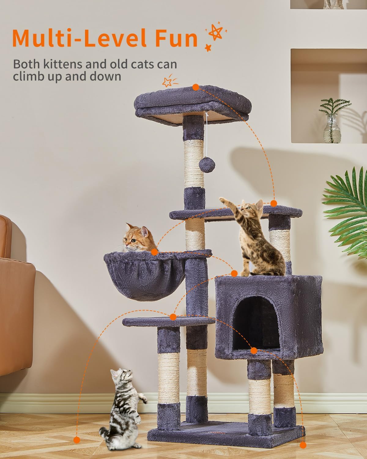 Árbol para gatos, torre para gatos de 44.5 pulgadas para gatos de interior, condominio para gatos de varios niveles con 7 postes rascadores, perca,