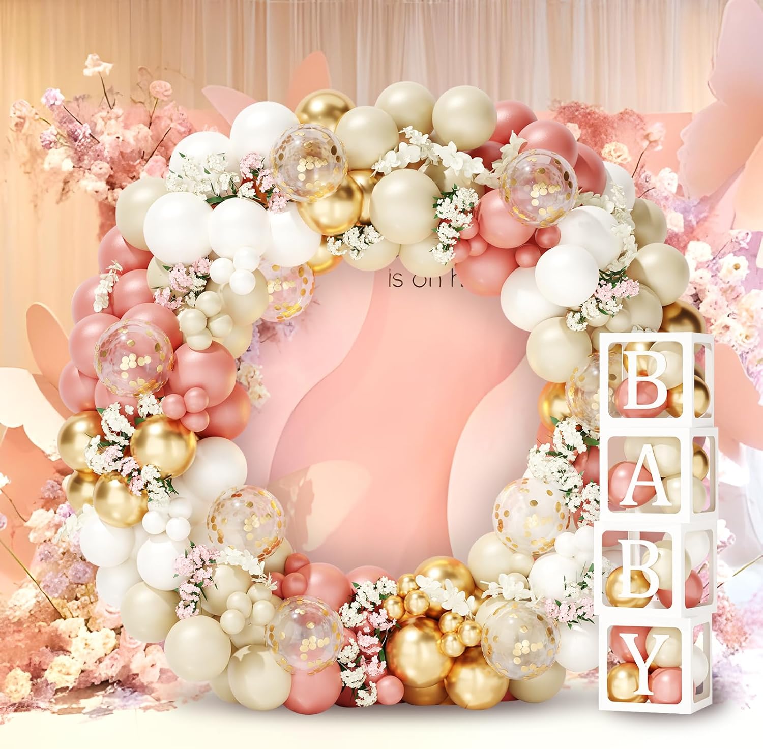 Decoraciones de baby shower para niña, kit de arco de globos retro rosa, blanco y dorado, 4 cajas con letras para baby shower, decoraciones de feliz